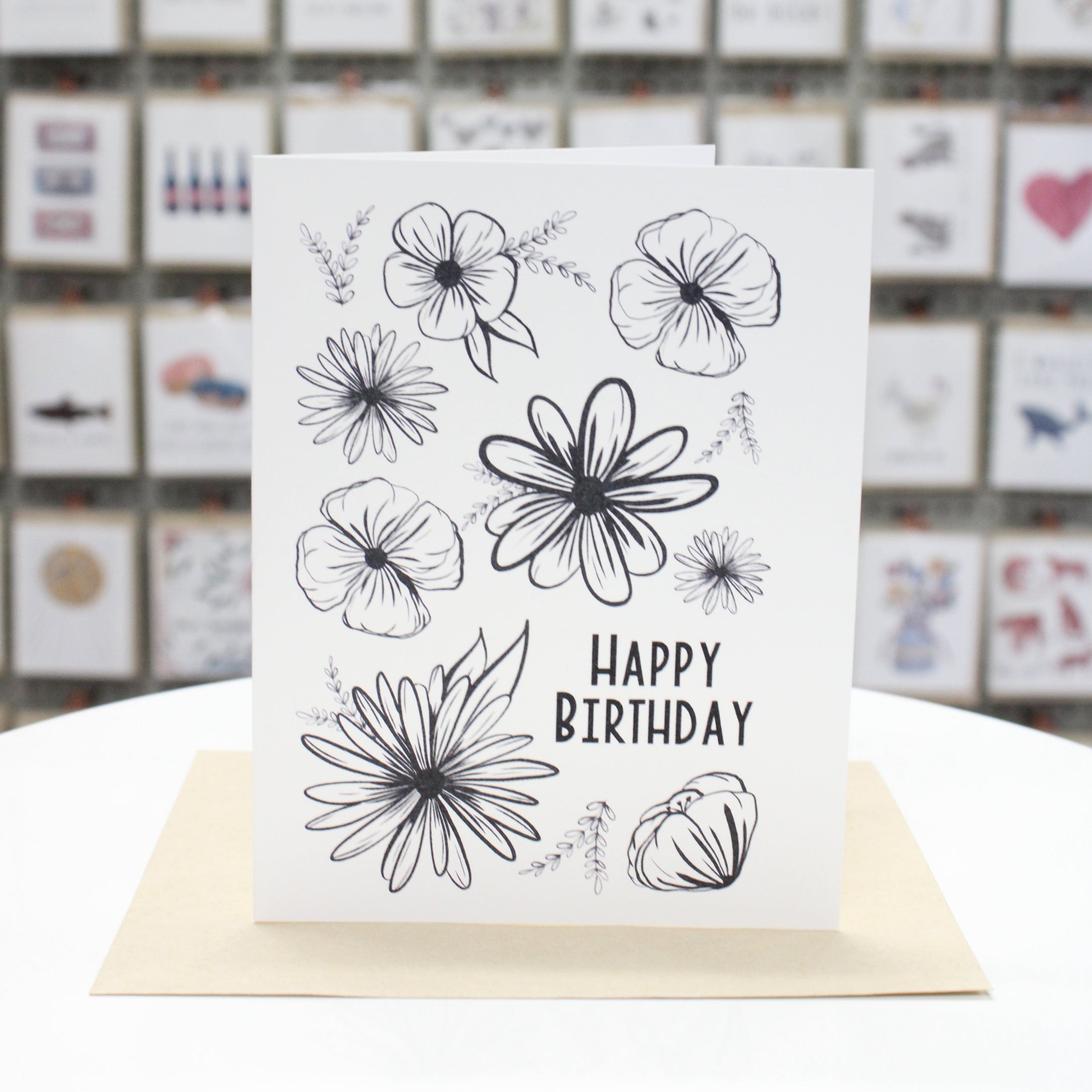 Happy Birthday Simple Black Line Art Flowers | Greeting Card