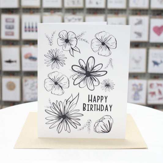 Happy Birthday Simple Black Line Art Flowers | Greeting Card