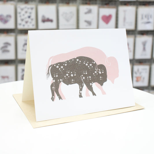 Hand crafted greeting card with printed flowered bison. Larger bison shadow in pink.