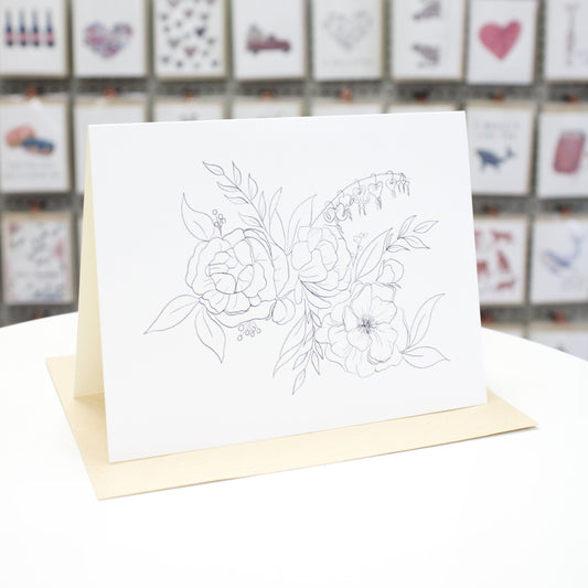 Hand crafted greeting card with a blank hand drawn flower and leaf motif. 