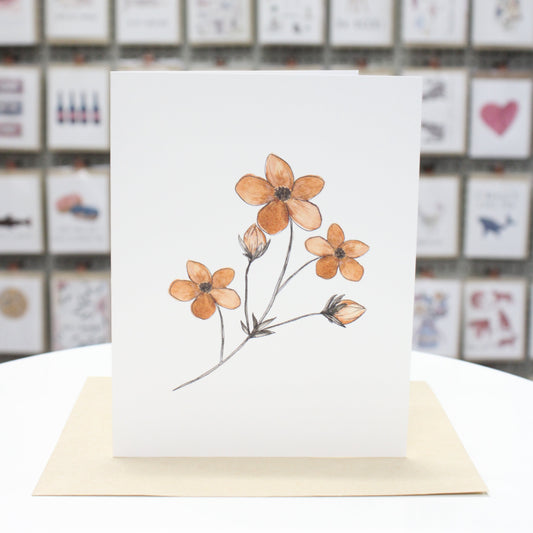 Hand crafted greeting card with hand drawn orange buttercup flowers and buds.