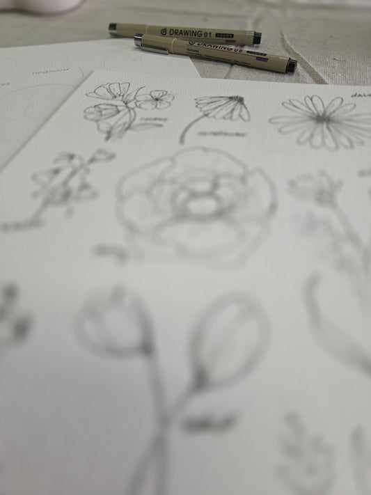 Sketch, Ink, Paint Watercolor Florals
