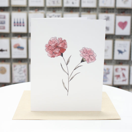 Hand crafted greeting card with two hand drawn carnations, painted with pink watercolor.  