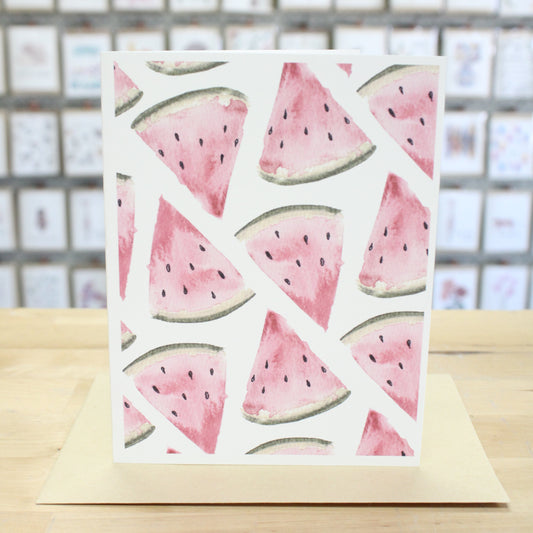 Hand crafted greeting card with patterned watercolor watermelons.