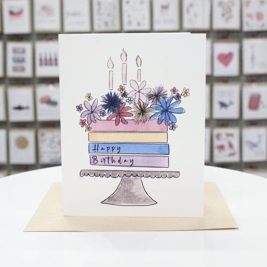 Watercolor Happy Birthday Cake with Candles | Greeting Card